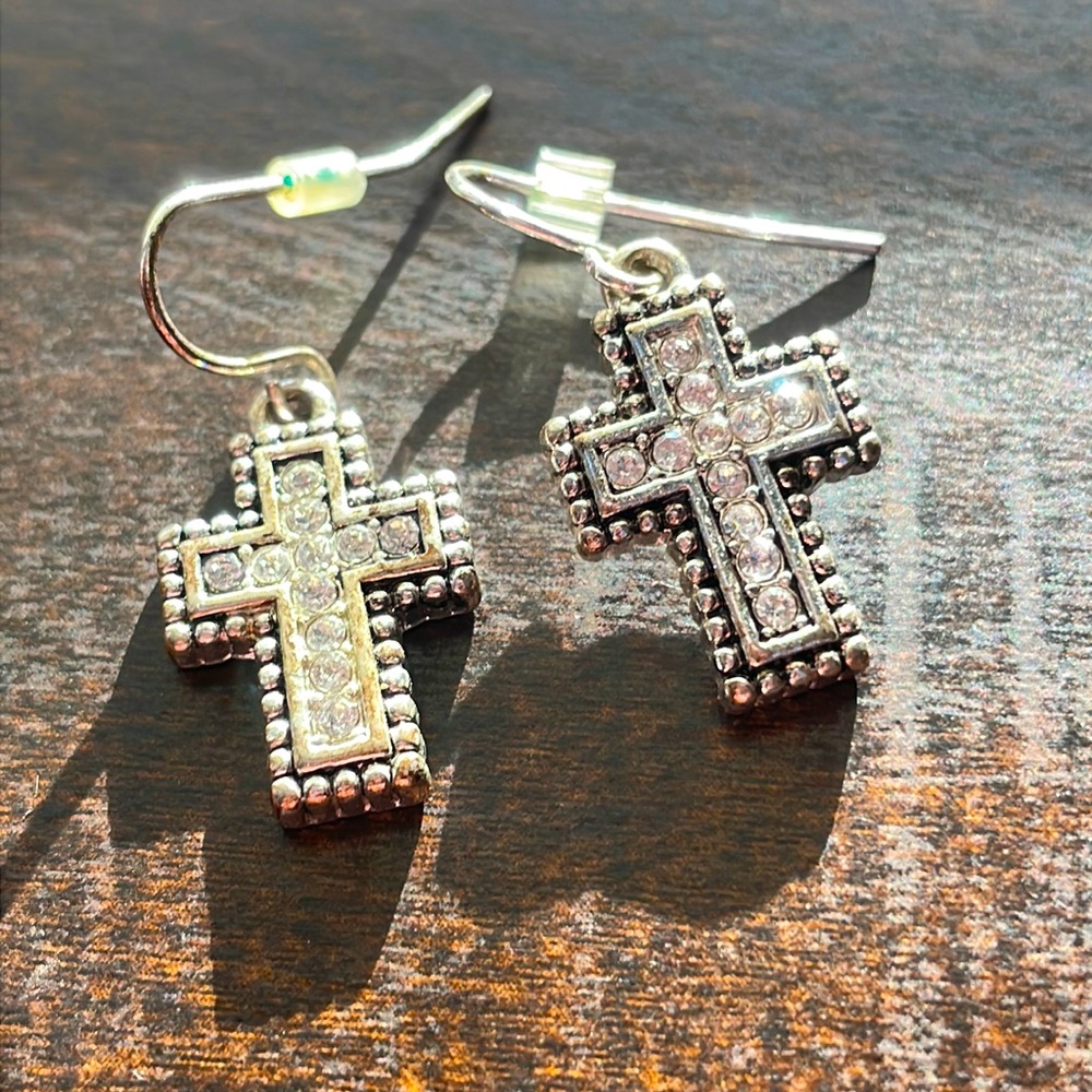 Silver plated and zircon cross dangling earrings
